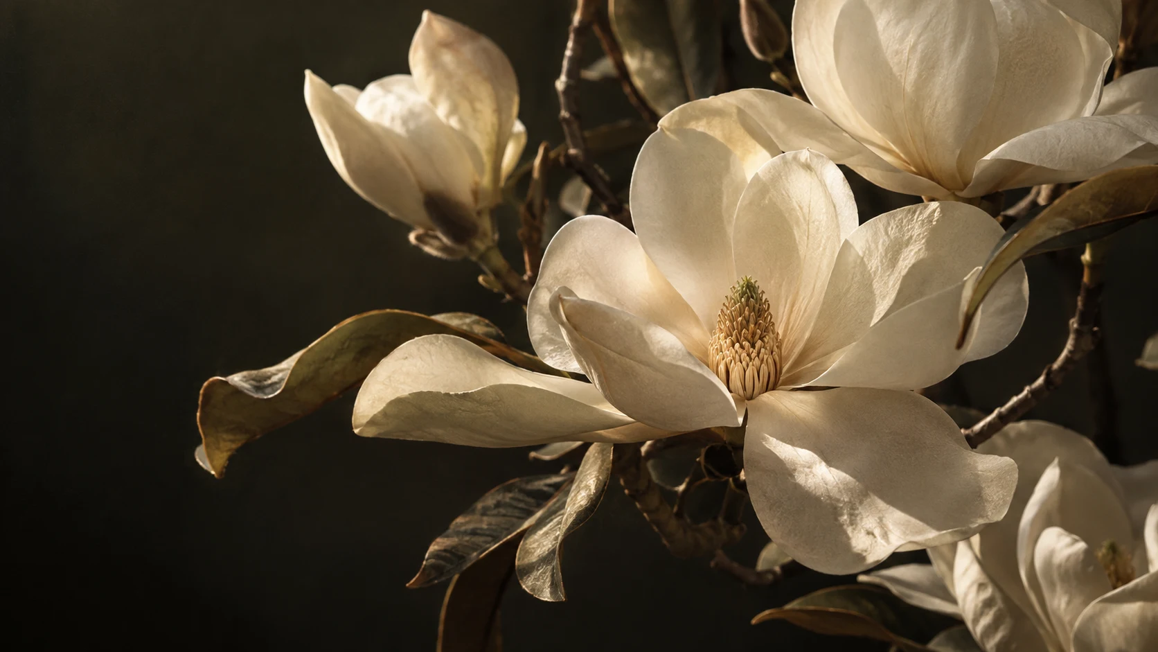 A cream-white botanical photograph against a dark background
